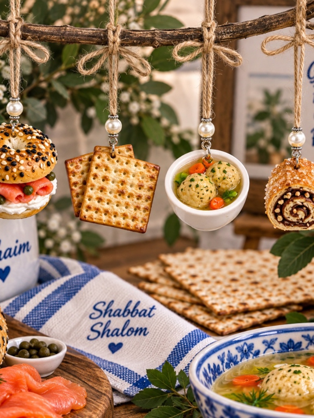 Jewish Food Ornament | Handmade Matzah, Bagel & Lox, Matzah Ball Soup, Rugelach